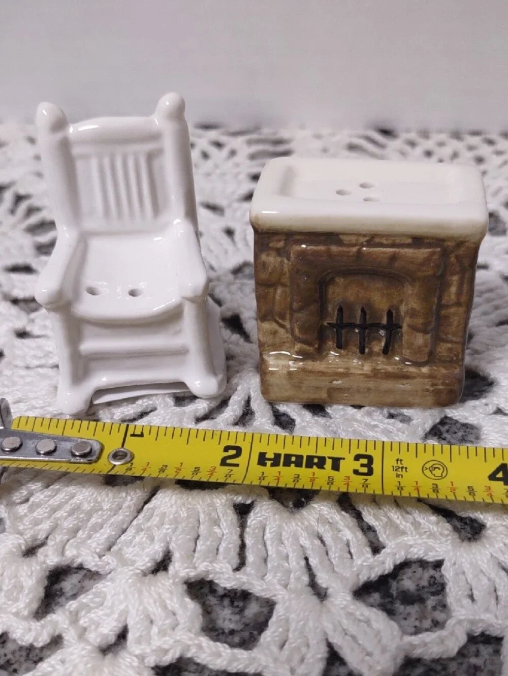 White Ceramic Rocking Chair & Brown Ceramic Fireplace Salt and Pepper Shakers